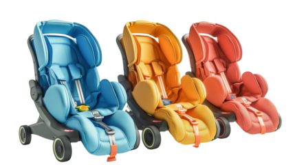 Colorful baby car seats in blue, orange, and red arranged side by side. isolated white background, transparent background.