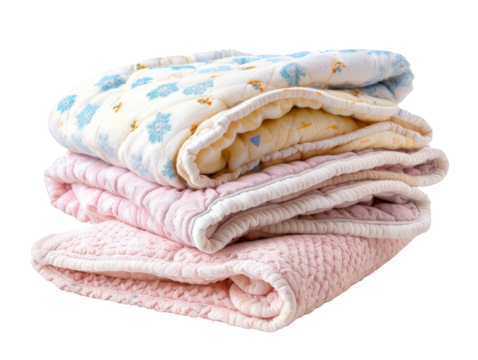 Stack of soft, cozy baby quilts in pastel colors with cute patterns, isolated white background, transparent background.