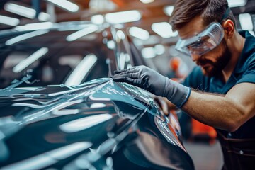 Mechanic expertly installing paint protection film on car in garage