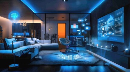Digital Home Harmony - Modern Living Room with Voice-Controlled Smart Home System and Ambient Lighting, Futuristic Technology Concept