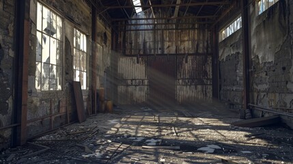 Fototapeta premium A dark, abandoned building with a lot of debris