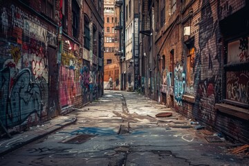 Fototapeta premium A graffiti covered alleyway with a lot of graffiti on the walls