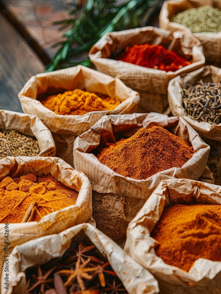 Poster A close-up image showcasing a variety of dried spices arranged in open paper bags on a rustic wooden surface. Generative AI