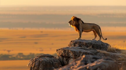 Pride of the Savanna: Majestic Lion in Golden Light on Rocky Outcrop