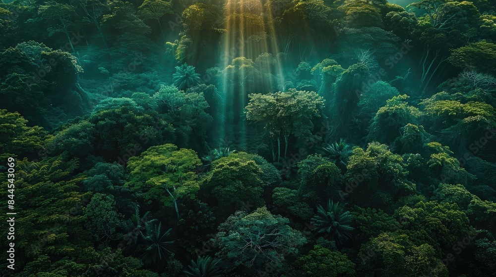 Poster Aerial view of a lush, green forest with sunlight streaming through the canopy creating a magical and serene atmosphere.