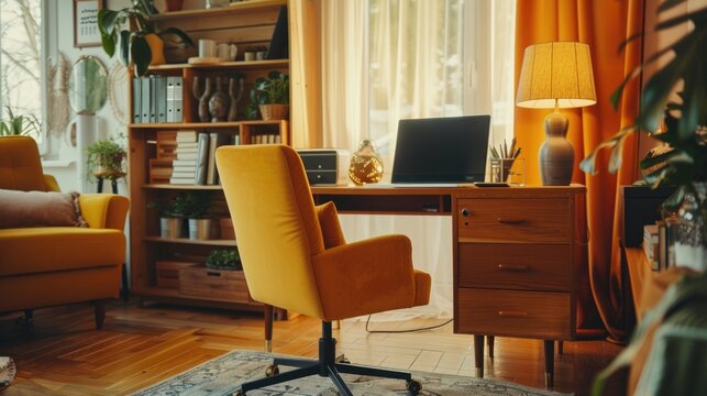 Contemporary Home Office Workspace with Stylish Desk, Comfortable Chair, and Olympus OM-D E-M1 Mark III Camera - Powered by Adobe