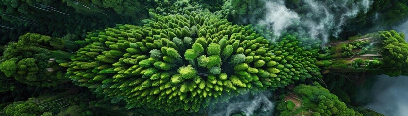 Aerial view of dense, green forest with lush vegetation and misty atmosphere, showcasing nature's untouched beauty and diversity.