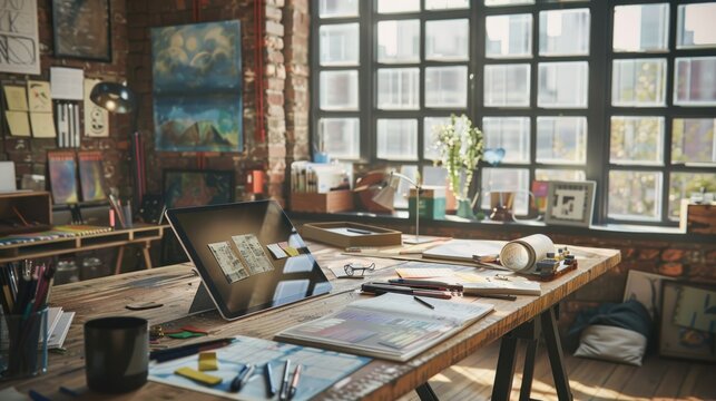 Inspiring Artist's Loft Home Office with Tablet, Art Supplies, and Nikon D850 Camera