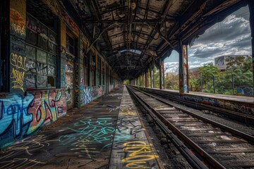 A graffiti covered train station with graffiti on the walls and the tracks