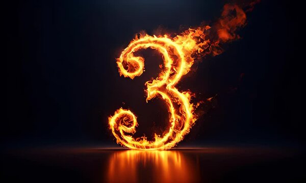The number 3 is depicted in vibrant, glowing flames. The intense orange and yellow fire highlights the numeral against a dark black background
