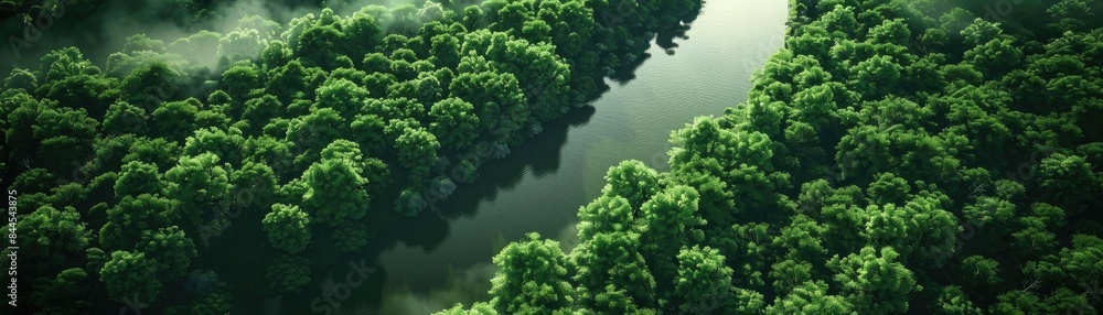 Poster aerial view of a serene river winding through lush green forest, enveloped in mist, creating a tranq