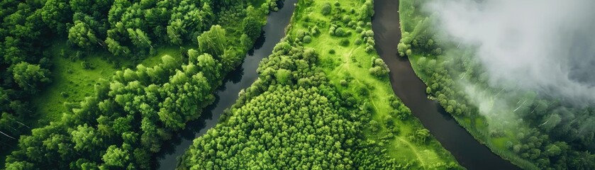 Aerial view of lush green forest with winding river and misty clouds, showcasing the beauty of untouched nature and serene landscapes.