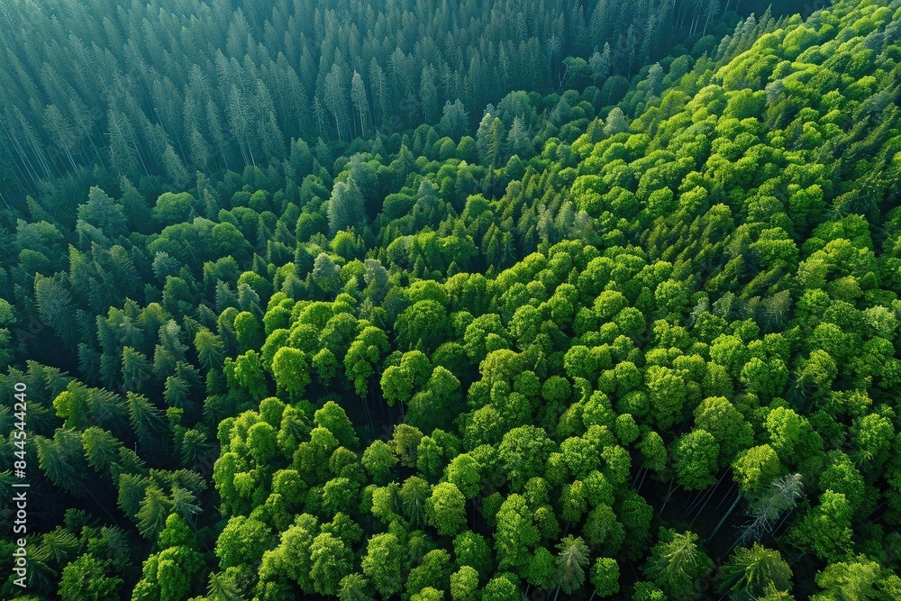 Poster aerial view of a lush green forest with a dense canopy, capturing the beauty and tranquility of natu