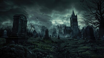 Naklejka premium Eerie graveyard with ancient tombstones and a gothic church under dark stormy skies, exuding a haunting and mysterious atmosphere.