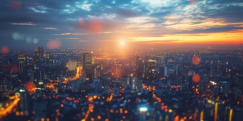 An aerial view of a bustling city as the sun sets, illuminating the horizon with warm colors and casting a serene glow over the myriad lights of the buildings below.