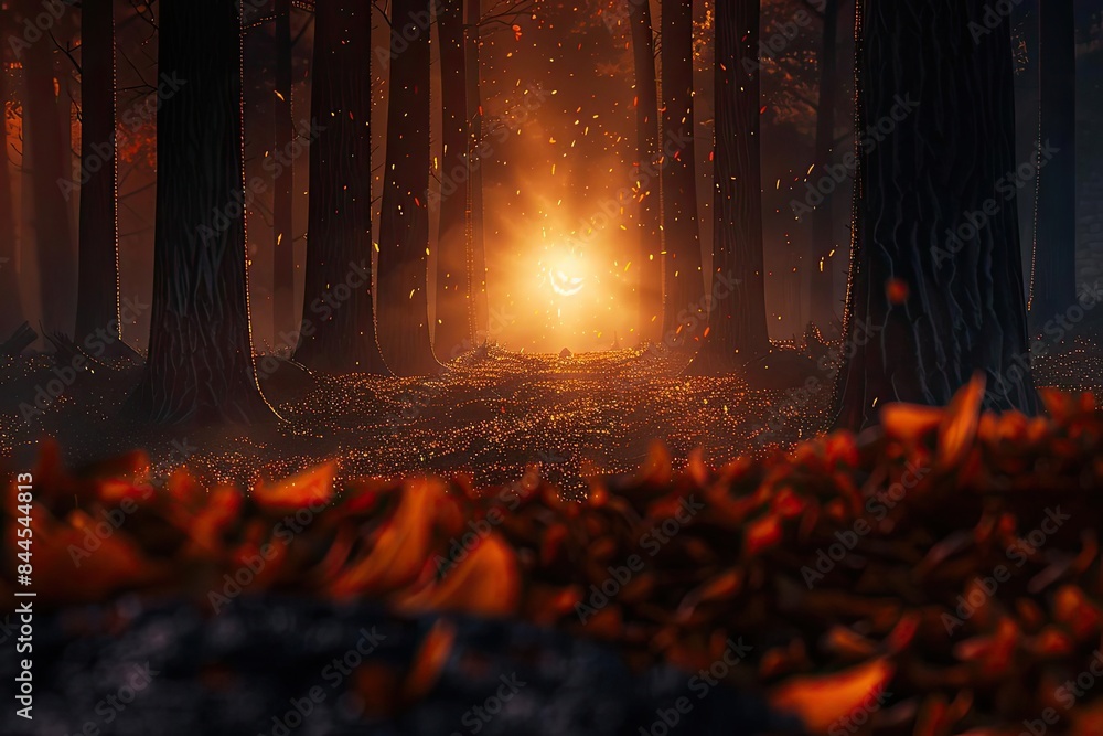 Poster Enchanting autumn forest with a glowing light in the distance, surrounded by tall trees and falling leaves, creating a magical atmosphere.