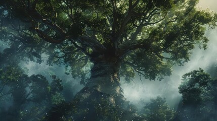 Fototapeta premium A majestic ancient tree stands tall in a misty forest, its branches reaching towards the sky.