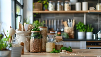 Sustainable Living: Eco-Friendly Kitchen with Reusable Products and Natural Elements