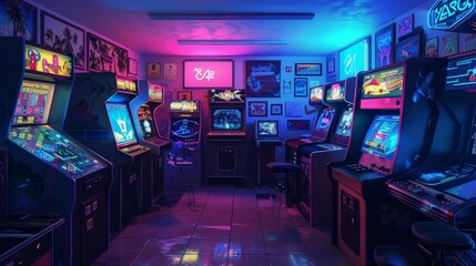 Retro Arcade Room with Neon Lights