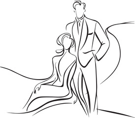 Man talking with a woman couple in continuous line art drawing style. Black linear sketch isolated on white background. Vector illustration. Valentines day minimalist modern drawing.