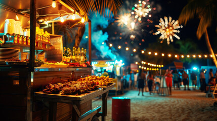 Holiday food truck serving on a beach adorned with fireworks lights