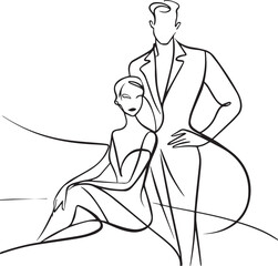 Man talking with a woman couple in continuous line art drawing style. Black linear sketch isolated on white background. Vector illustration. Valentines day minimalist modern drawing.