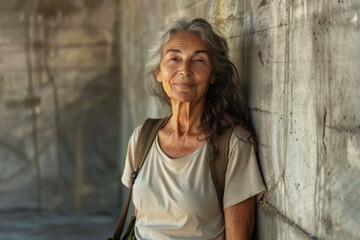 Senior mixed race woman with long gray hair in contemplation against a concrete wall, carrying a bag, epitomizing urban solitude and introspective moments