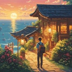 illustration of A man who loves traveling, carrying luggage, reading travel guides in the style of anime, cartoons and comics