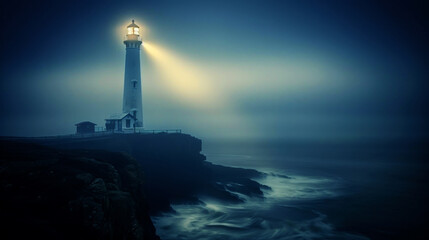 Picturesque lighthouse on cliff, dusk