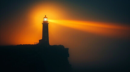 Beautiful lighthouse on rocky cliff, night, foggy weather