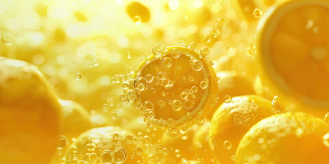 Lemon yellow disinfectant particle effectiveness microbiology.  Close up liquid cleaner.