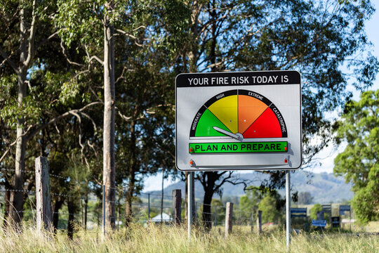 Fire danger rating sign on rural roadside in NSW Australia reading moderate plan and prepare