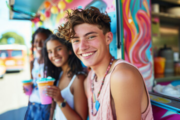 Fototapeta premium Close-up of a group of teenage friends enjoying a sunny festive day outdoors with colorful beverages, embodying a leisurely and vibrant atmosphere