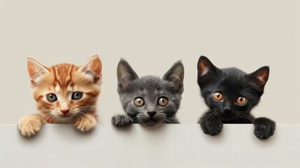 Three kittens are standing on a white board, with one black and two orange