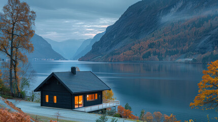 Fototapeta premium Scandinavian house in remote area near the lake of fjord