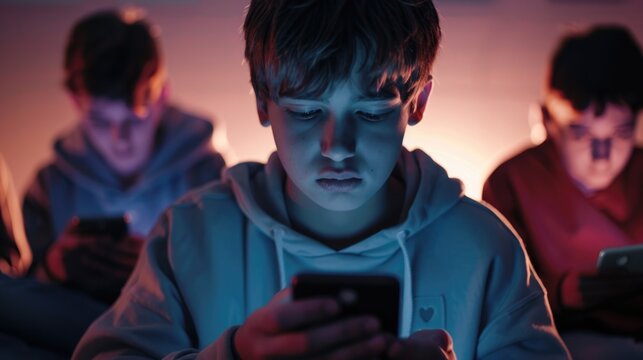Cell phone addiction concept. Many teens hold smart device. Social media obsession. Online communication problem. People watch mobile gadget screen. Cyberspace internet network. Bad habit. Neon light.