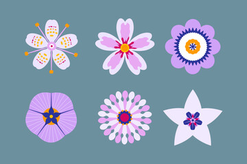 Set of cute vector flowers of different shapes. Abstract flat design floral icons 