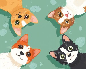 Five adorable cats looking up at the camera with playful expressions