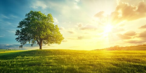 A magnificent tree stands in a field illuminated by the golden morning sun, casting light across the landscape and creating a serene and peaceful early morning atmosphere.