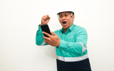 shocked expression of man looking at mobile phone screen isolated on white background