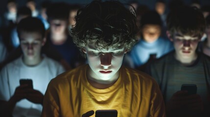 Cell phone addiction concept. Many teens hold smart device. Social media obsession. Online communication problem. People watch mobile gadget screen. Cyberspace internet network. Bad habit. Neon light.