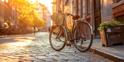 Fototapeta premium A single bicycle with a basket is parked on a narrow cobblestone street illuminated by warm, golden light at dusk, evoking a vintage and tranquil atmosphere.