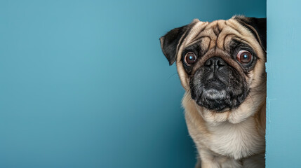 Pug dog peeks out from behind a corner on a blue background. Pet. Animals.