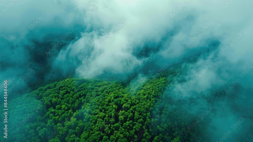Poster Aerial view of a lush green misty forest covered in fog, creating a serene and mysterious atmosphere, ideal for nature and environmental themes.