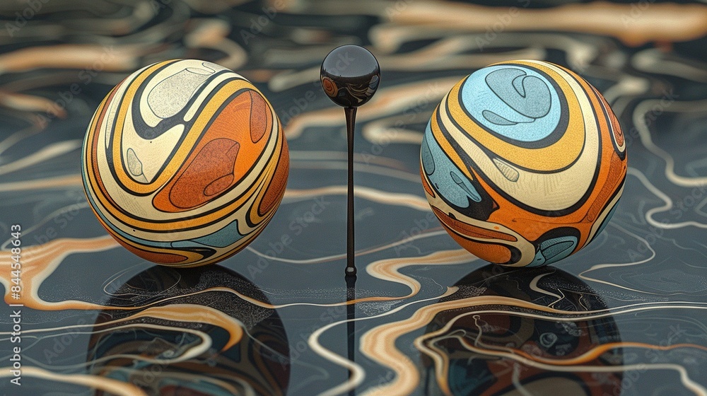 Poster a pair of balls rest atop a table adjacent to a black item with an extended pole protruding from it