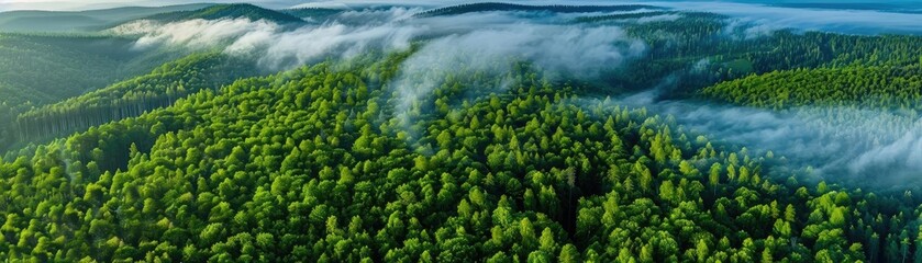A breathtaking aerial view of a lush green forest, with misty clouds rolling over the landscape, showcasing nature's beauty and tranquility.