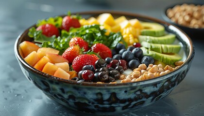 A colorful fruit salad with avocado and chickpeas in a bowl.