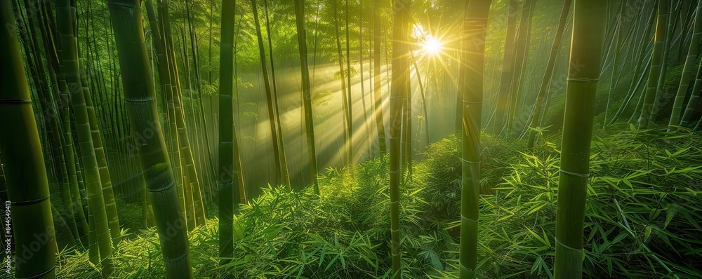 Poster serene forest of tall bamboo with sunlight filtering through the leaves, creating a peaceful and nat