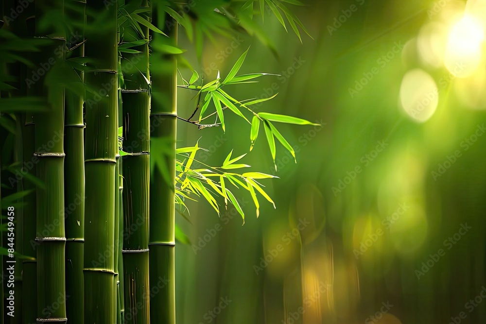Aufkleber serene view of vibrant green bamboo forest with sunlight filtering through leaves, creating a peacef