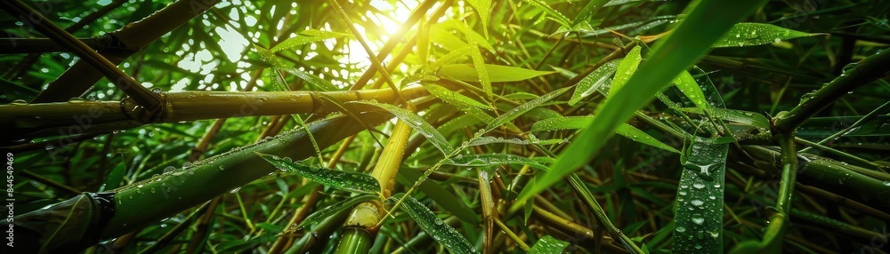 Poster sunlight filtering through dense bamboo forest, creating a serene and green natural atmosphere in th
